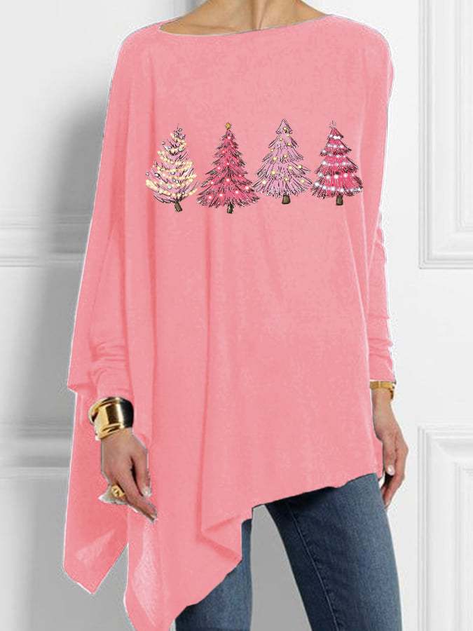 Women's Pink Christmas Tree Print Irregular Top