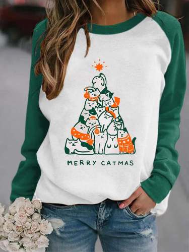Women's Christmas  MERRY CATMAS  Printed Casual Sweatshirt