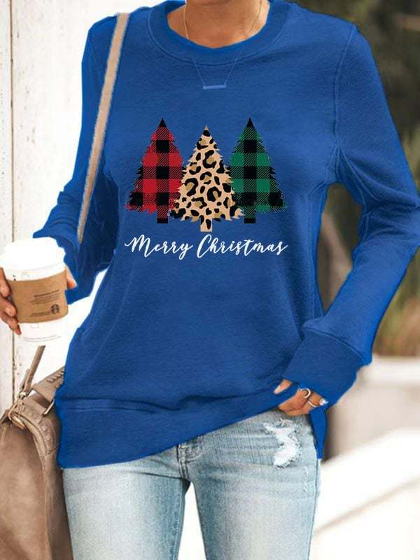 Women's Merry Christmas Leopard Christmas Trees Casual Long Sleeve Crewneck Sweatshirt