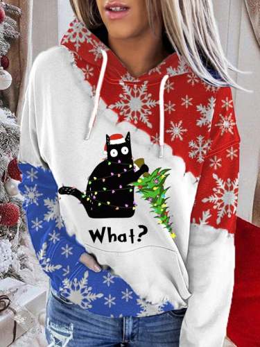 Women's Christmas Funny Black Cat Print Casual Hoodie