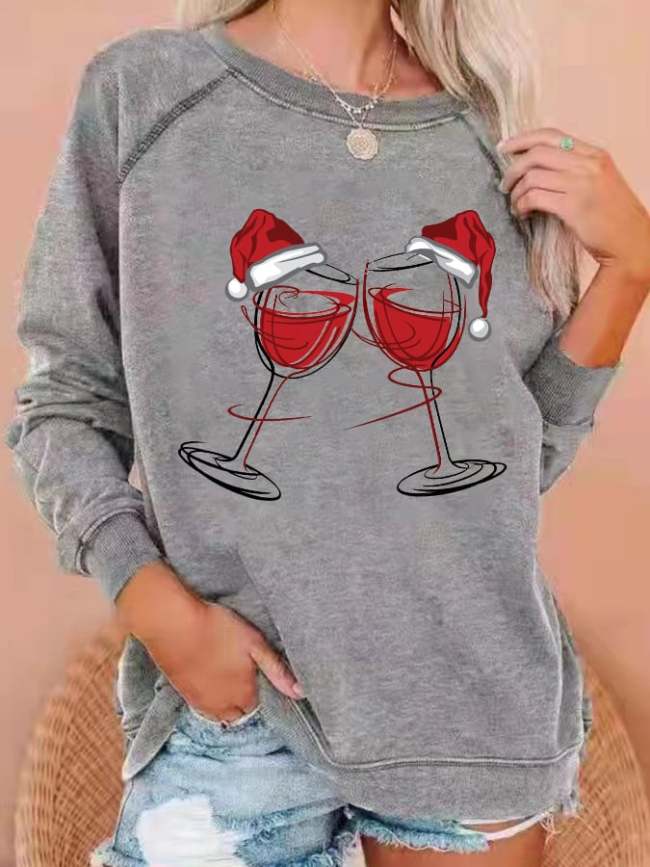 Women's Christmas Wine Glass Print Crew Neck Sweatshirt
