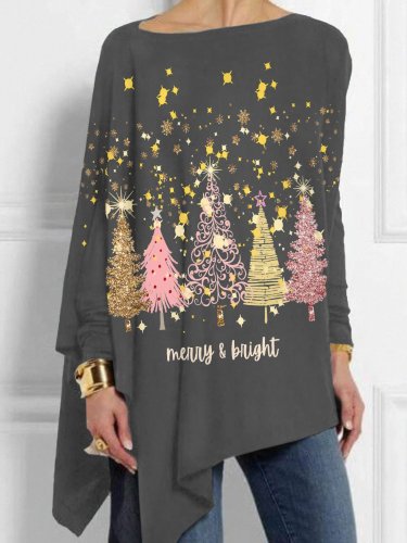 Women's  Merry And Bright Christmas Print Asymmetric T-Shirt