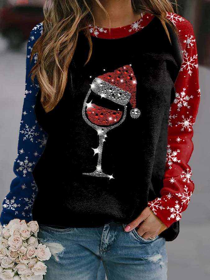 Women's Merry Christmas Wine Glass Print Casual Sweatshirt