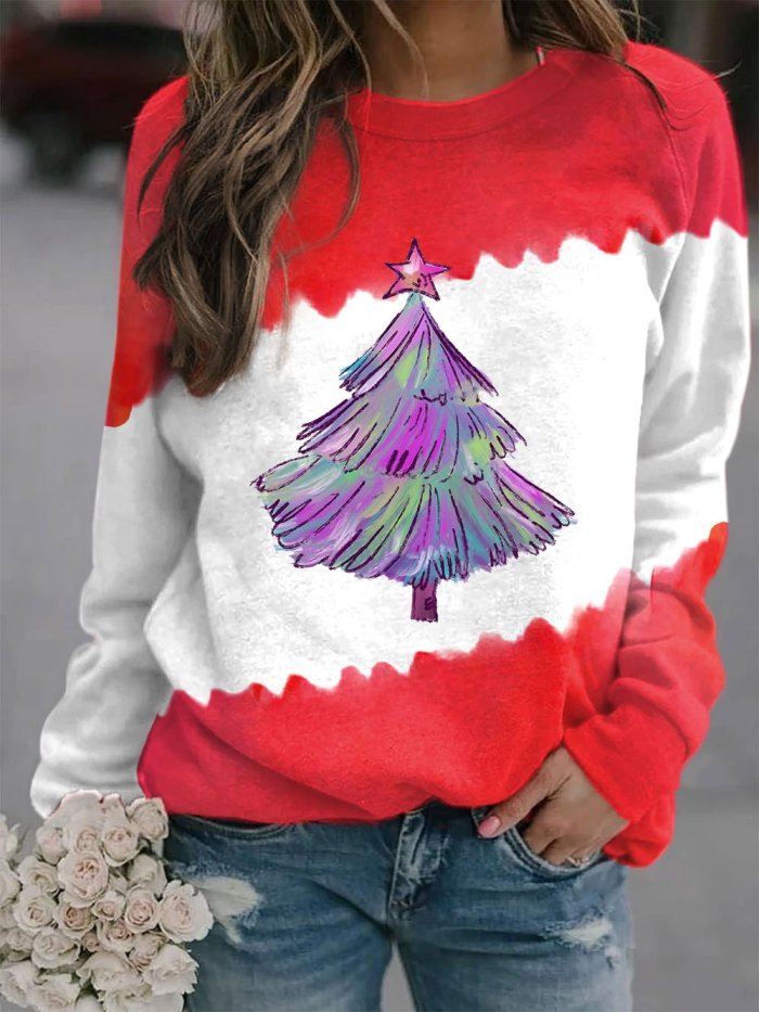 Women's Shiny Purple Christmas Tree Print Sweatshirt