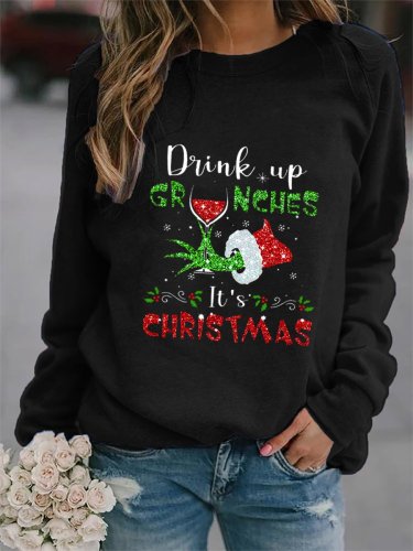Women's Christmas Drink Up It's Christmas Wine Green Monster Print Sweatshirt