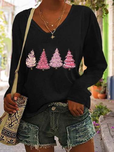 Women's Pink Christmas Tree Print V-Neck Long Sleeve T-Shirt