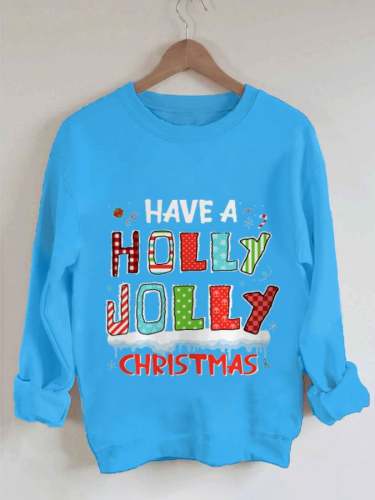 Have A Holly Jolly Christma Colorblock Print Long Sleeve Sweatshirt