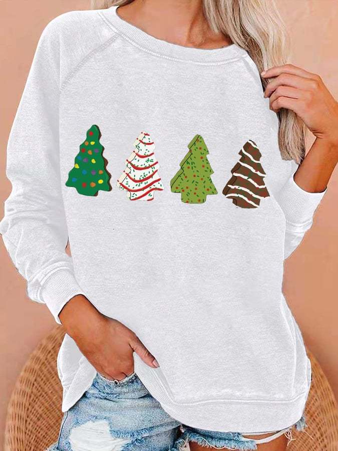 Women's Christmas Cake Tree Print Casual Crewneck Sweatshirt