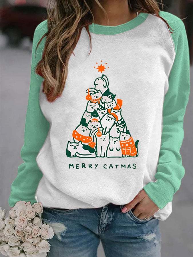 Women's Christmas  MERRY CATMAS  Printed Casual Sweatshirt