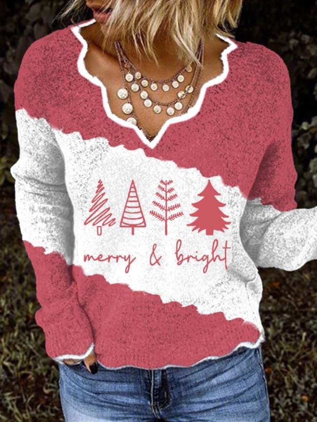Merry And Bright Women's Christmas Print Lace Neck Sweater