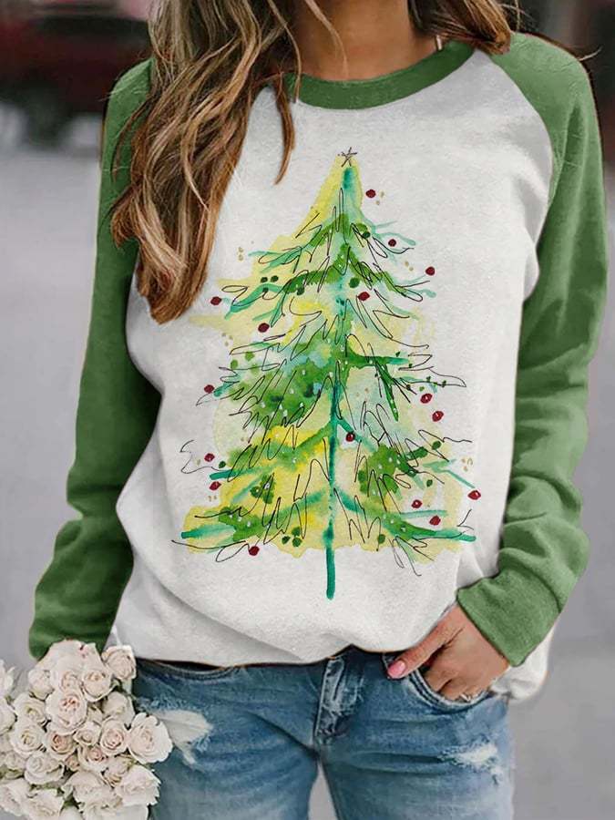 Women's Watercolor Christmas Tree🎄Print Casual Sweatshirt