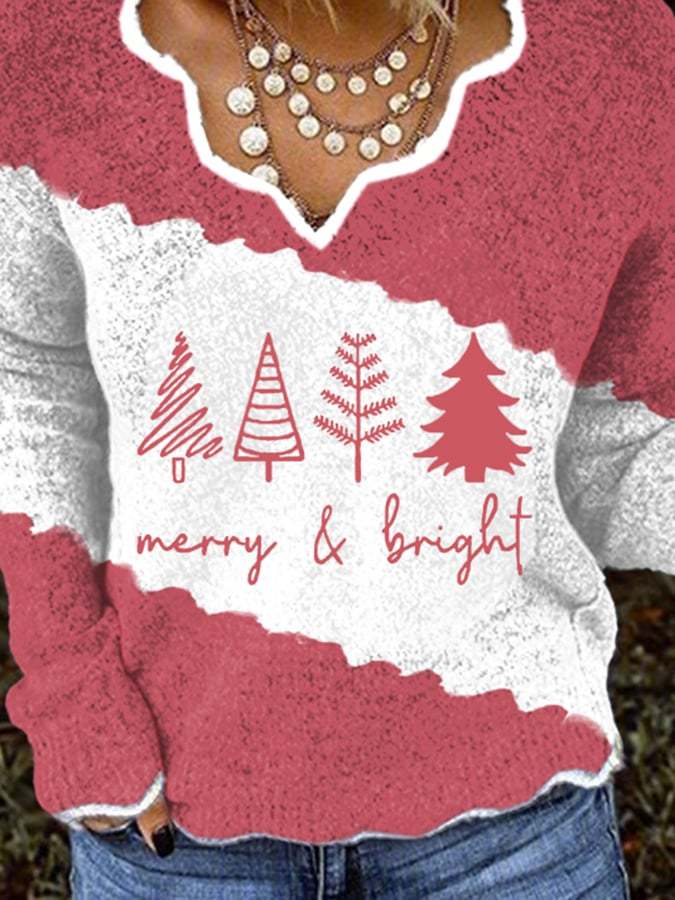 Merry And Bright Women's Christmas Print Lace Neck Sweater