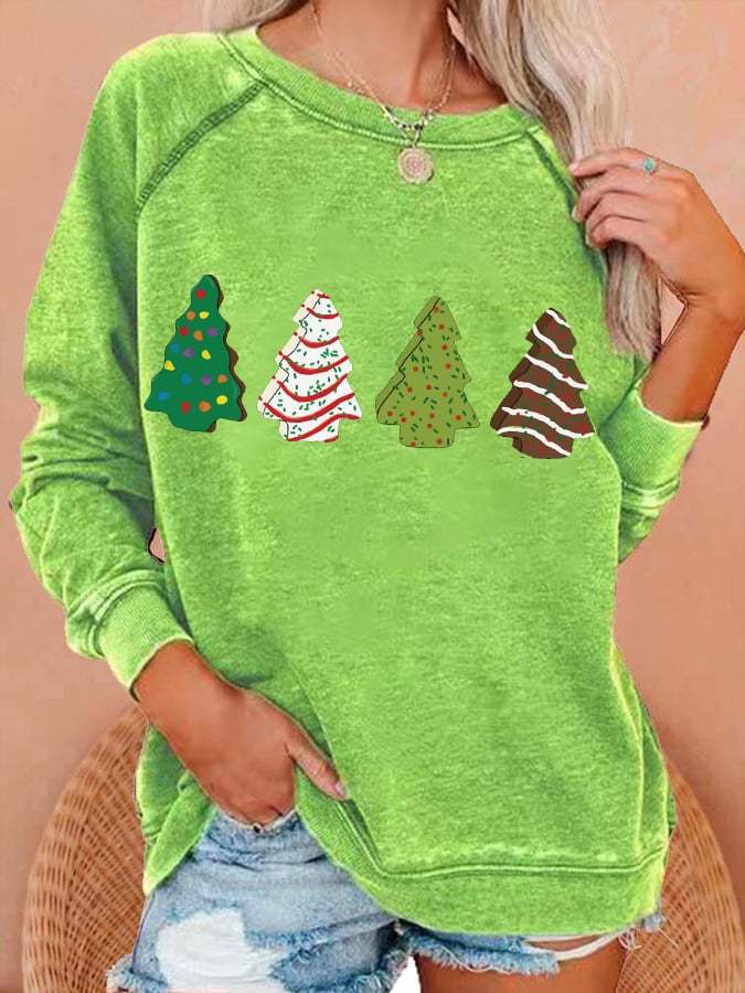 Women's Christmas Cake Tree Print Casual Crewneck Sweatshirt