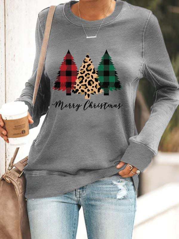 Women's Merry Christmas Leopard Christmas Trees Casual Long Sleeve Crewneck Sweatshirt