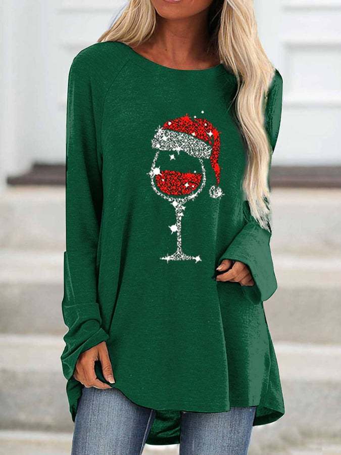 Women's Christmas Wine Glass Print Long Sleeve T-Shirt