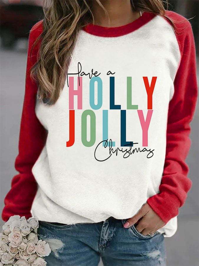 Have A Holly Jolly Christma Colorblock Print Sweatshirt