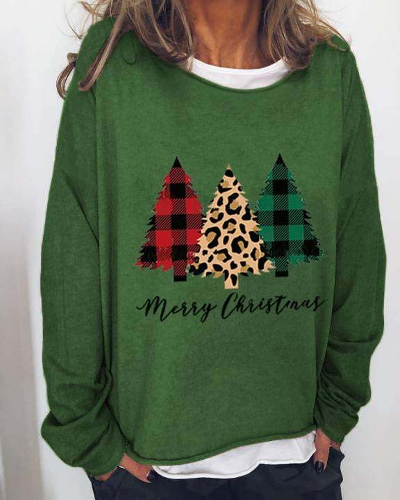Women's Merry Christmas Leopard Christmas Trees Print Sweatshirt
