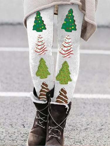 Women's Christmas Cake Tree Print Stretch Leggings