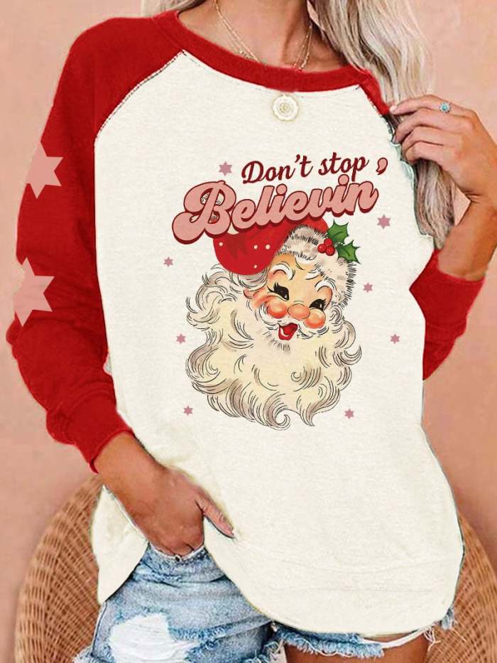 Women's Don't Stop Believing Santa Print Casual Crew Neck Sweatshirt