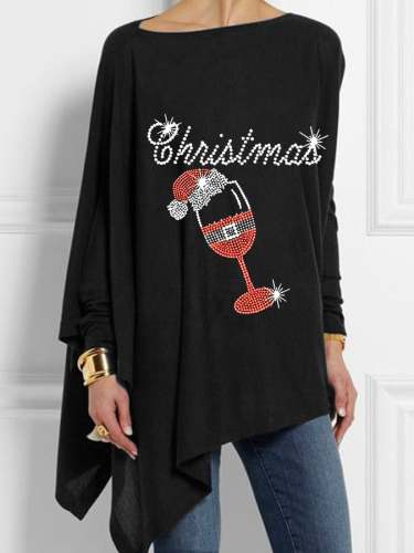 Women's Merry Christmas Red Wine Glass Print Irregular Top