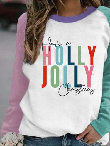 Have A Holly Jolly Christma Colorblock Print Sweatshirt