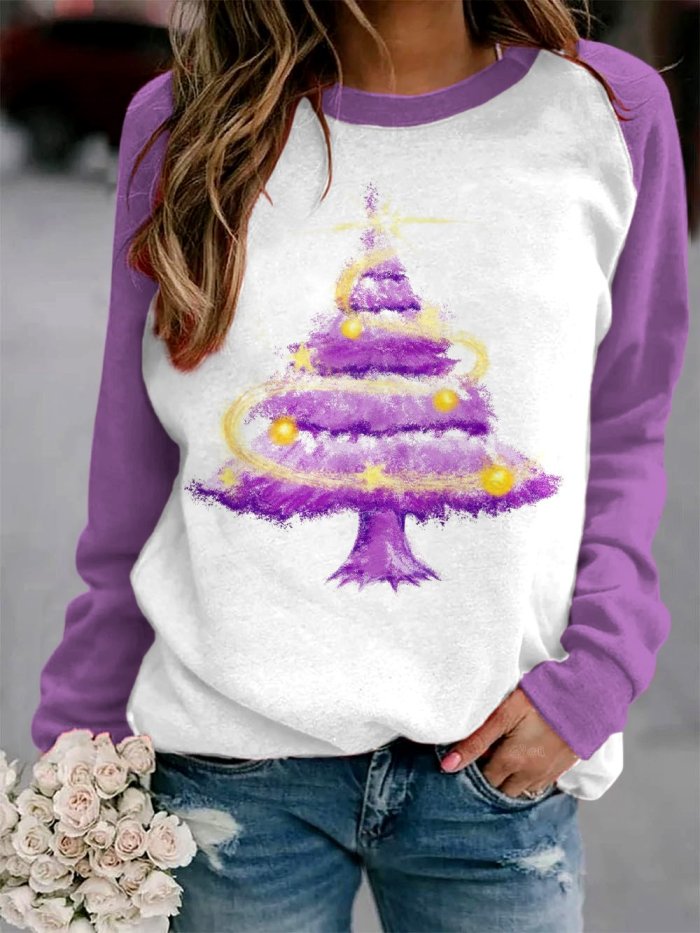 Women's Purple Christmas Tree Print Sweatshirt
