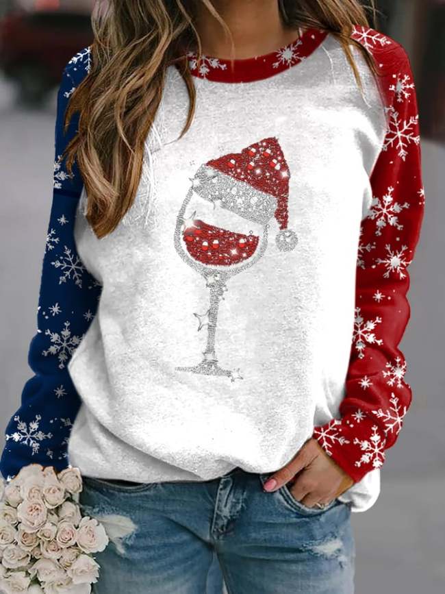 Women's Merry Christmas Wine Glass Print Casual Sweatshirt