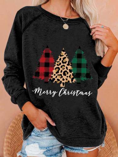 Women's Merry Christmas Leopard Christmas Trees Print Casual Sweatshirt