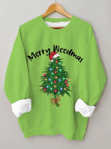 Women's Christmas Merry Weedmas Christmas Tree Lights Print Sweatshirt