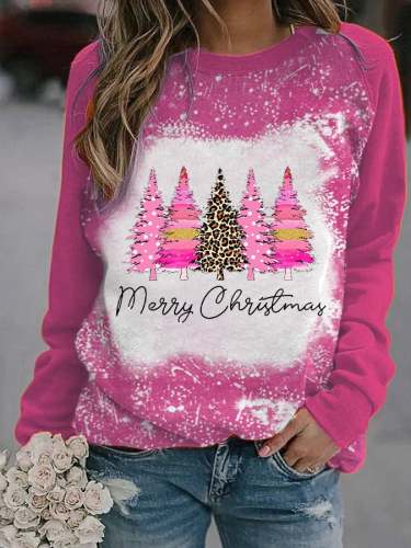 Women's Merry And Bright Christmas Tree🎄 Bleach Print Casual Sweatshirt