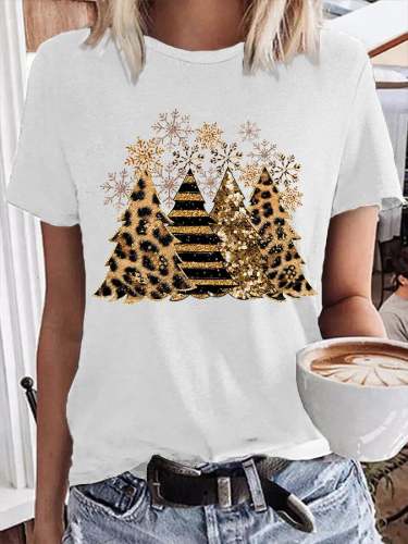 Women's Leopard Christmas Tree Print Crew Neck T-Shirt