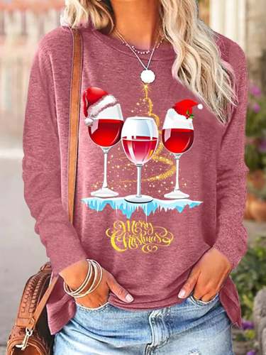 Women‘s  Wine Simple Christmas Print Casual T-Shirt