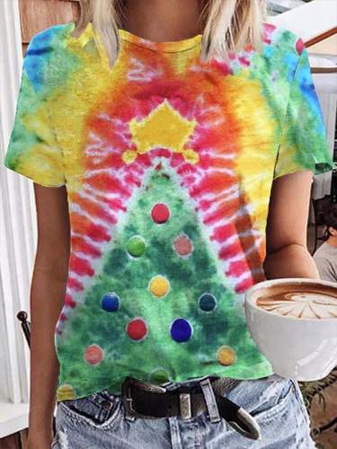 Women's Tie Dye Christmas Tree Print Short Sleeve T-Shirt