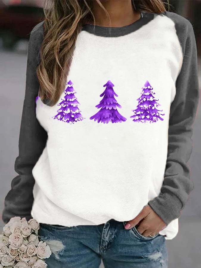Women's Purple Christmas Tree Print Casual Sweatshirt