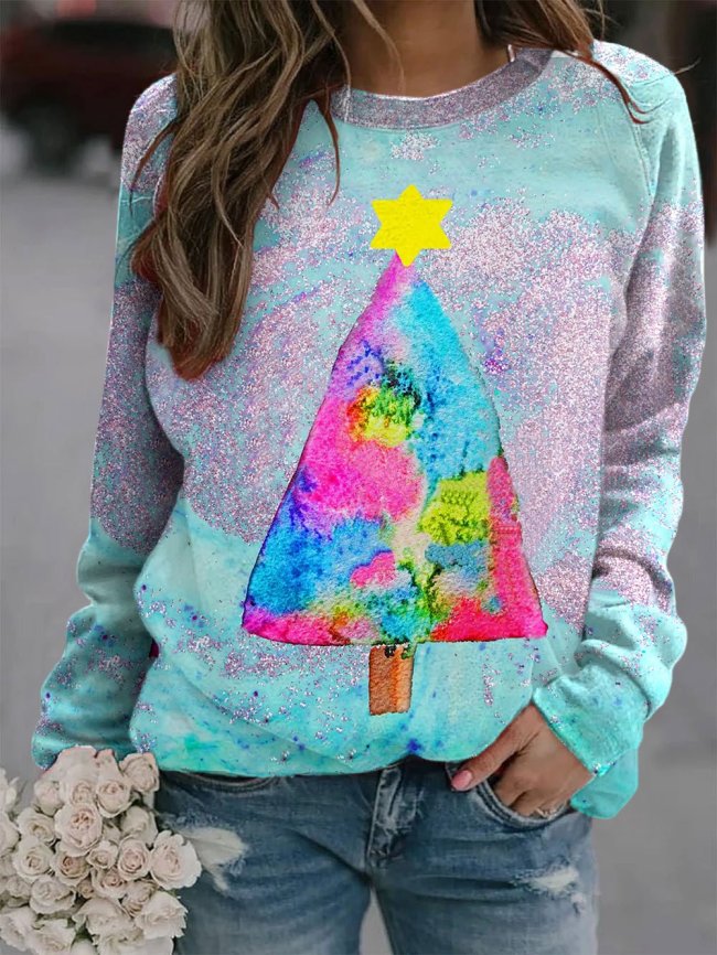 Women's Colorful Oil Painting Christmas Tree Print Sweatshirt