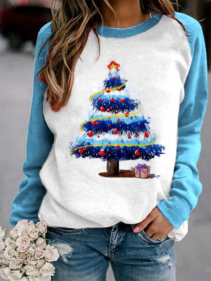 Women's Blue Christmas Tree Print Sweatshirt