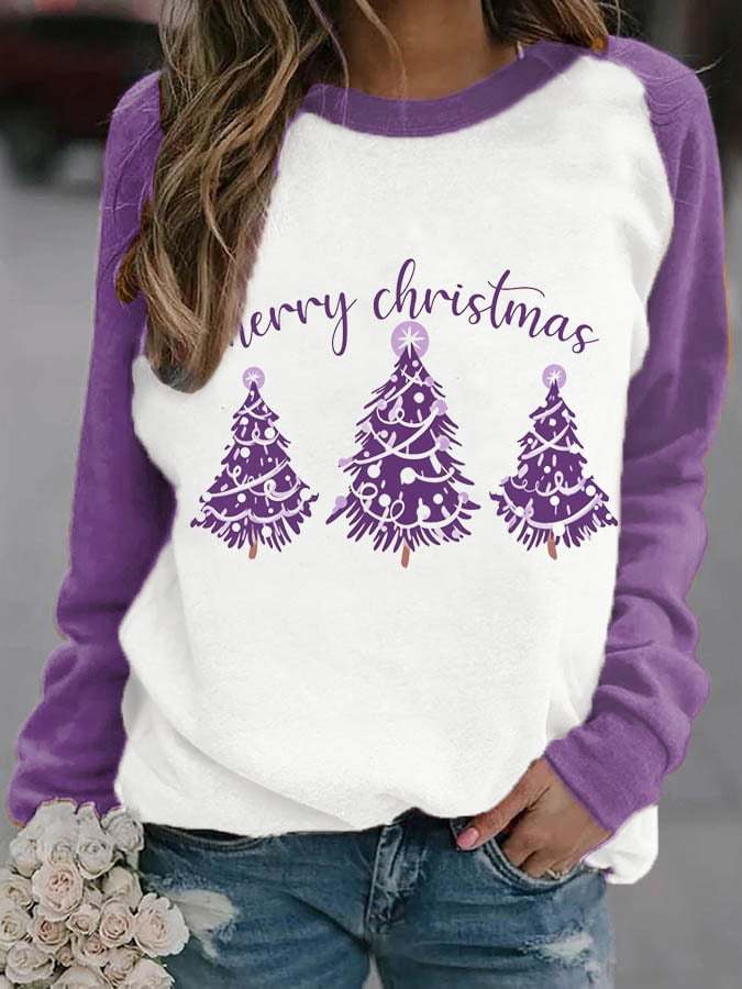 Women's Purple Christmas Tree Print Casual Sweatshirt