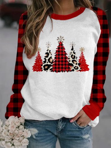 Women's Classic Check Merry Christmas Tree Print Casual Sweatshirt