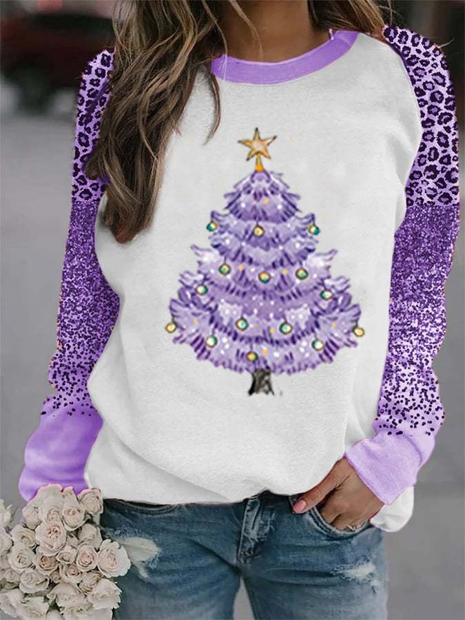Women's Merry Christmas Purple Christmas Tree Leopard Glitter Print Casual Sweatshirt