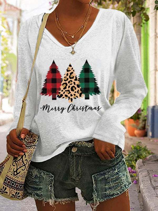 Women's Merry Christmas Leopard Christmas Trees Print Casual Long Sleeve V-Neck T-Shirt