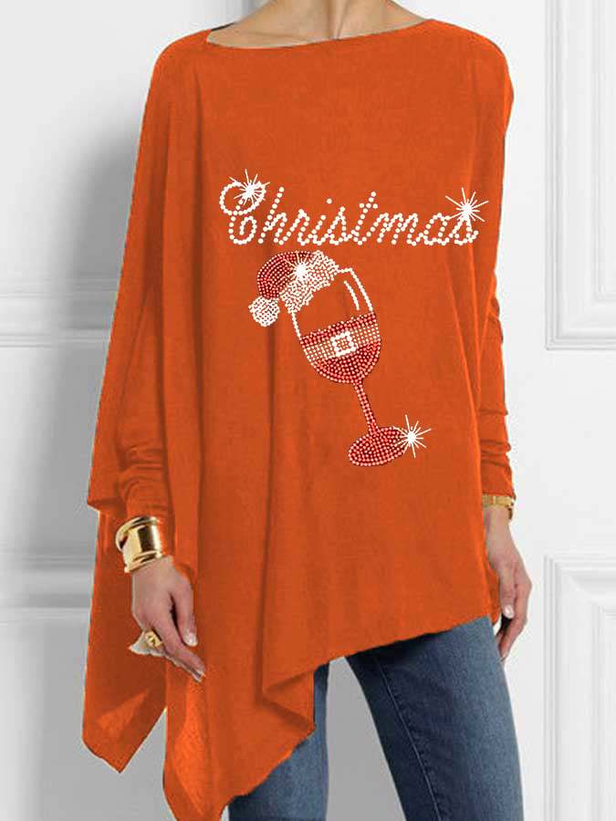 Women's Merry Christmas Red Wine Glass Print Irregular Top