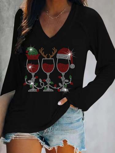 Women's Merry Christmas Santa Bling Wine Glass Casual V-Neck Long-Sleeve T-Shirt