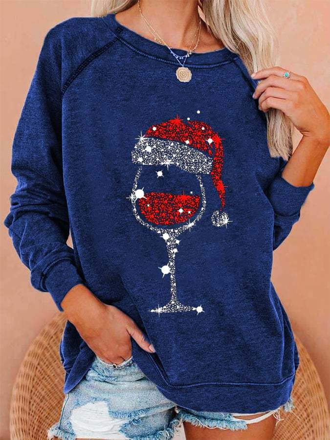 Women's Christmas Red Wine Glass Print Sweatshirt