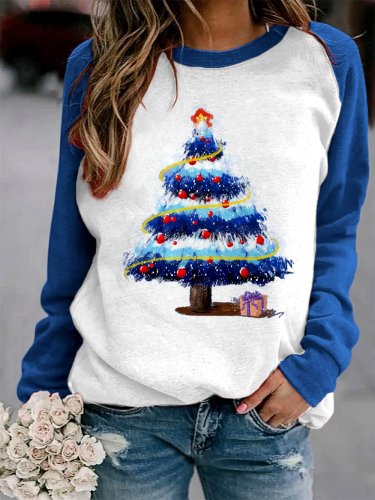 Women's Blue Christmas Tree Print Sweatshirt