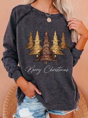 Women's Leopard Christmas Tree Print Casual Sweatshirt