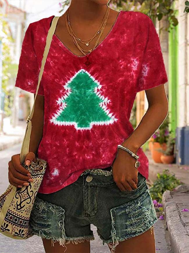 Women's Tie Dye Christmas Tree Print V-Neck T-Shirt