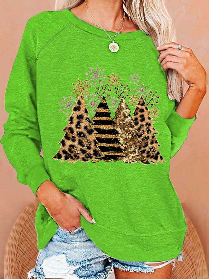 Women's Leopard Christmas Tree Print Casual Sweatshirt