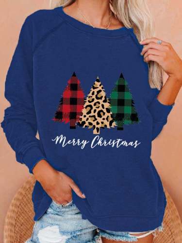 Women's Merry Christmas Leopard Christmas Trees Print Casual Sweatshirt