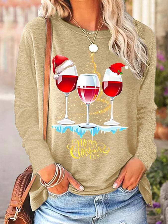 Women‘s  Wine Simple Christmas Print Casual T-Shirt