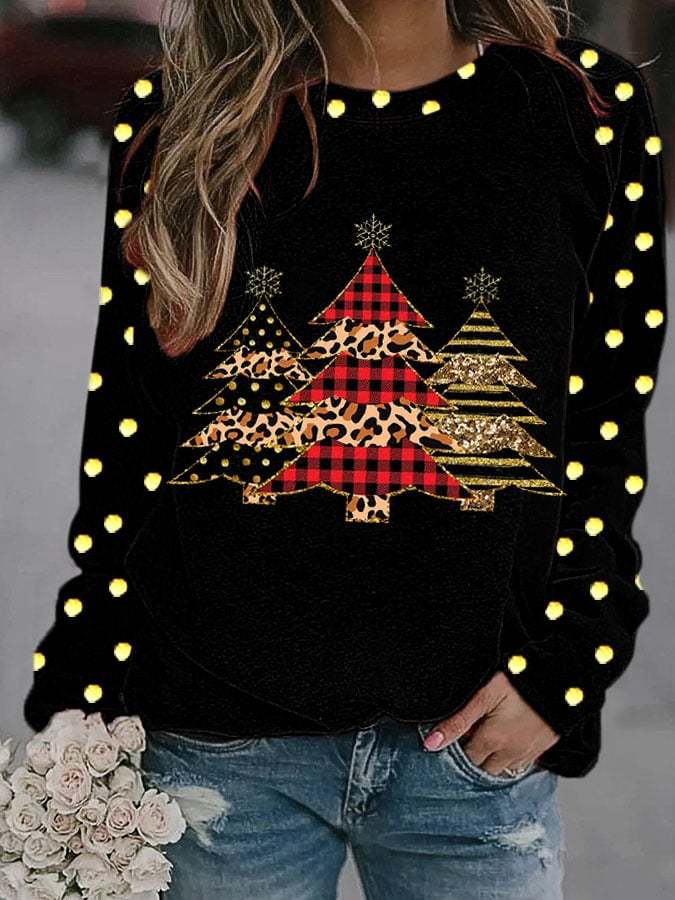 Women's Christmas Bling Check Polka Dot Striped Christmas Tree Print Sweatshirt